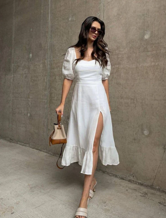 CAITLYN | PUFF SLEEVE SPLIT HEM MIDI DRESS - Sancityshop